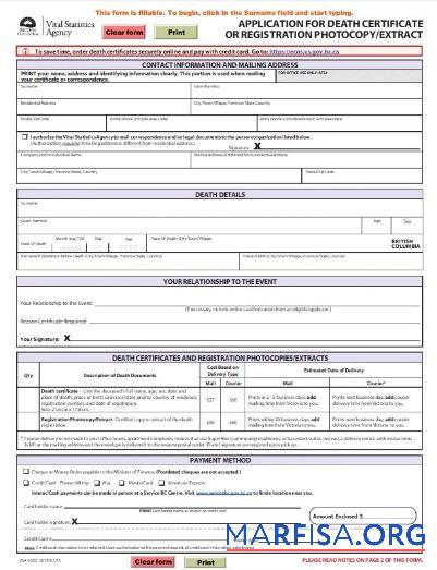 Printable Canada Vital statistics agency of British Columbia death certificate template